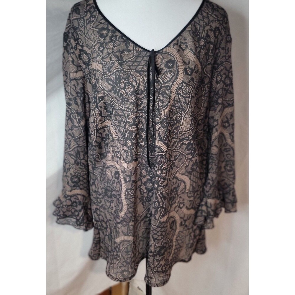 Jaclyn Smith Womens 2X Sheer Blouse Bell Sleeve Boho Dressy Top Black Lace Flora